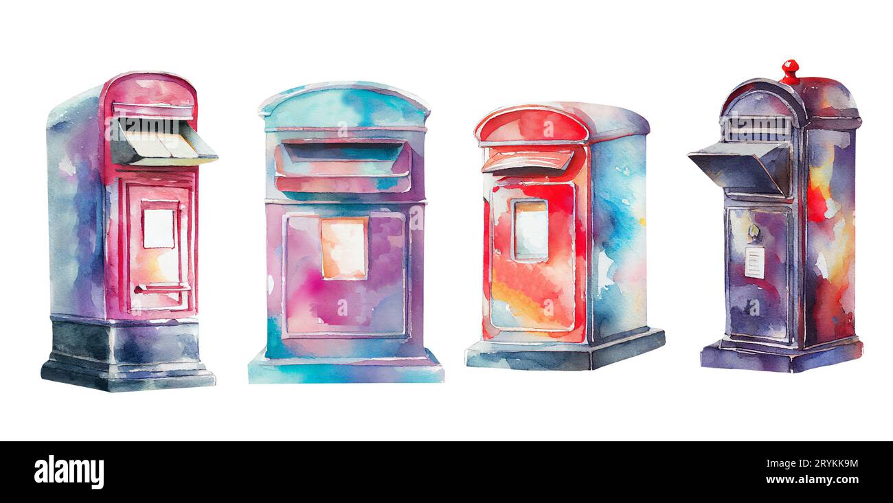 Vintage-Briefkästen mit Aquarellen. Postamt Aquarell Clipart. Retro-Postfächer Stockfoto