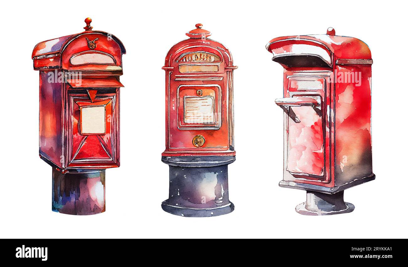 Vintage-Briefkästen mit Aquarellen. Postamt Aquarell Clipart. Retro-Postfächer Stockfoto