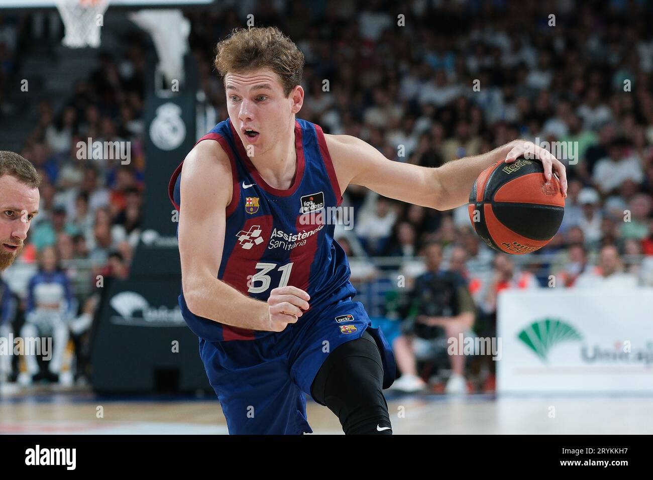 Madrid, Spanien. Oktober 2023. Rokas Jokubaitis aus Barcelona während des ACB-Ligaspiels zwischen Real Madrid und Barcelona im Wizink Center am 1. Oktober 2023 in Madrid, Spanien. (Foto: Oscar Gonzalez/SIPA USA) Credit: SIPA USA/Alamy Live News Stockfoto