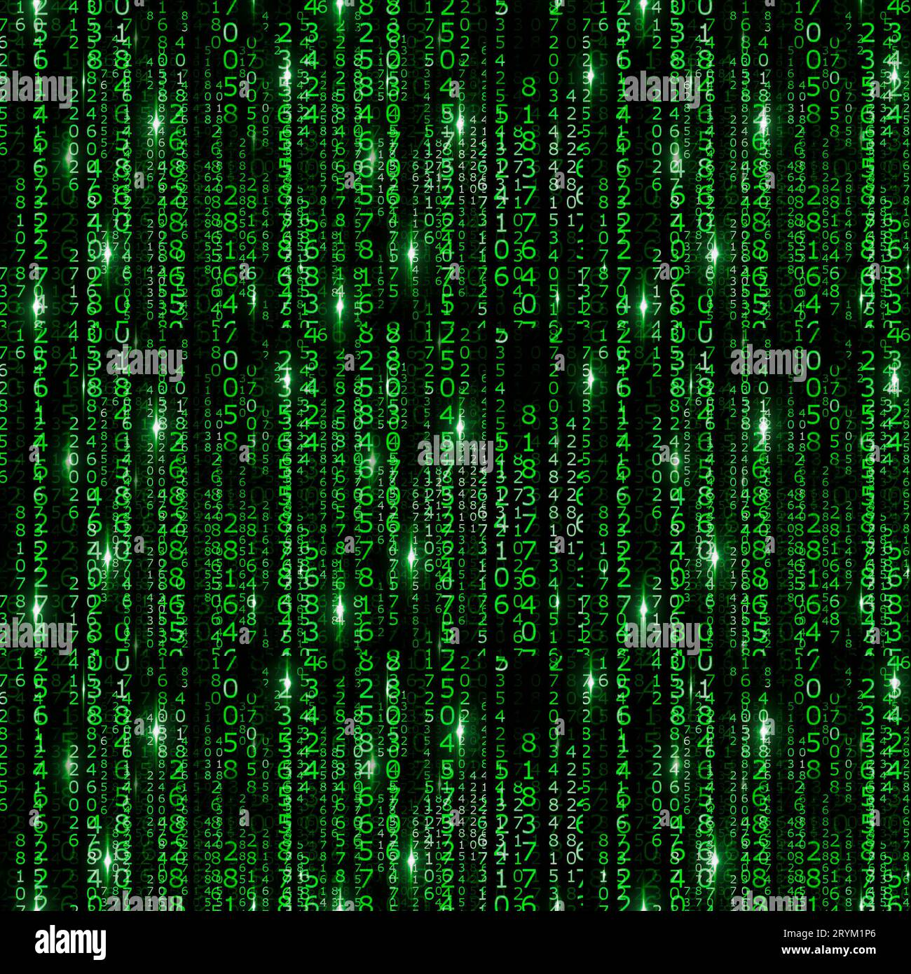 Hintergrund in einer Matrix Stil. Der zufallszahlen. Grün ist dominierende Farbe. Vector Illustration Stockfoto