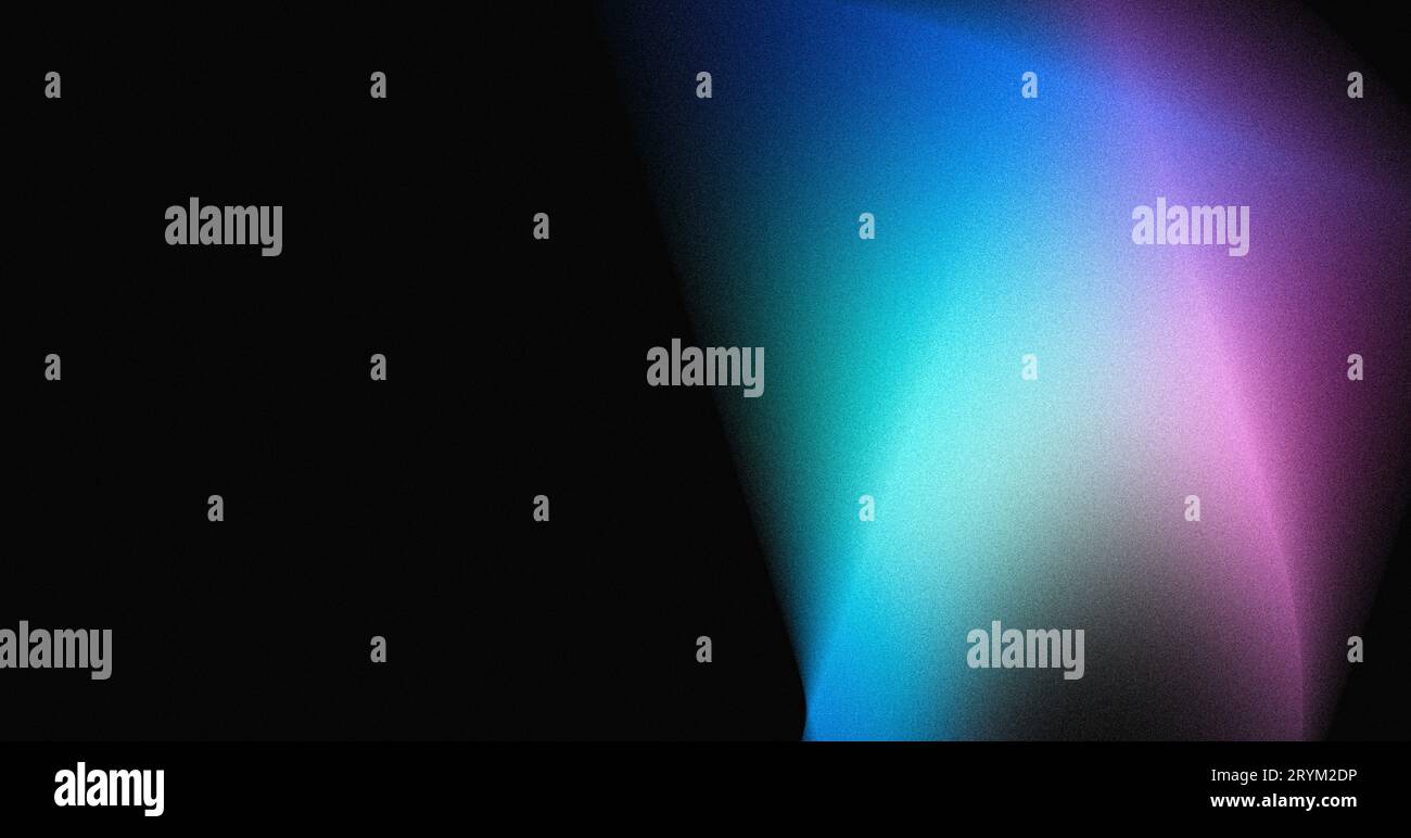 Blauer, körniger Verlauf leuchtende abstrakte Lichtform auf schwarzem Rauschen Textur Hintergrundkopierraum, minimale breite Bannerbahn Stockfoto