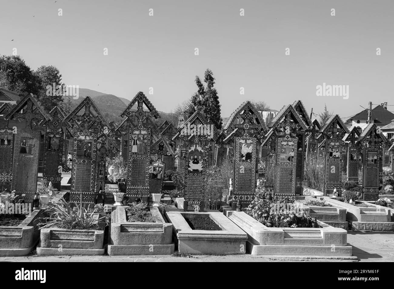 Schwarz-weiße Grabsteine des Merry Cemetery Friedhofs mit bunten naiven Gemälden, die die begrabenen Menschen beschreiben. Eines der sieben Wunder Rumäniens Stockfoto