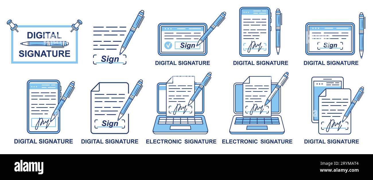 Digitale elektronische Signatur, Stift für den Vertrag zur Online-Signatur auf dem Mobiltelefon, Zeilensymbol auf dem Tablet-Bildschirm. E-Signatur-Vektor für Geschäftspapiere Stock Vektor
