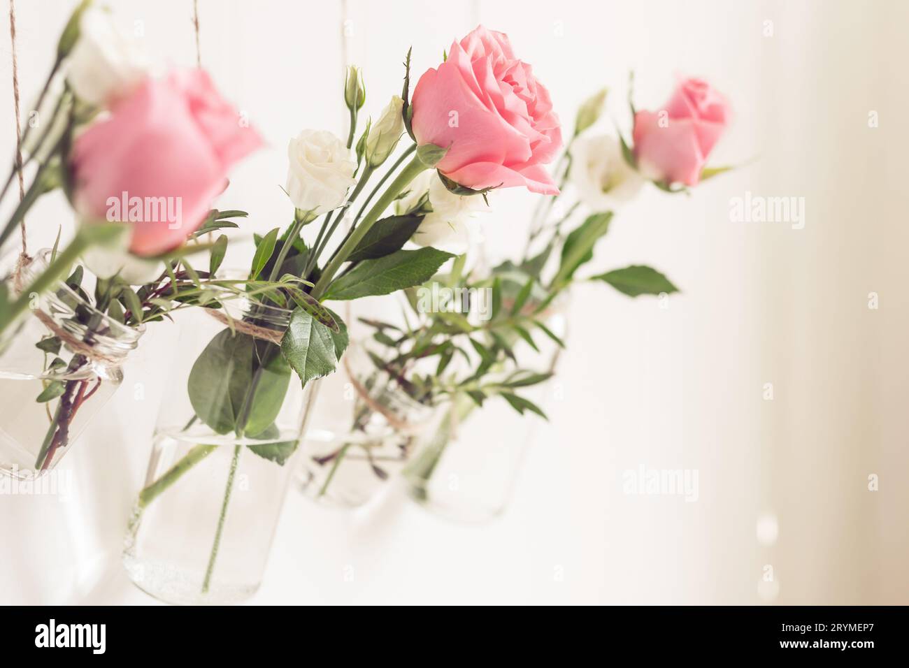 Heimwerker mit umweltfreundlichem Dekor. Alte Gläser werden als Blumenvasen wiederverwendet Stockfoto