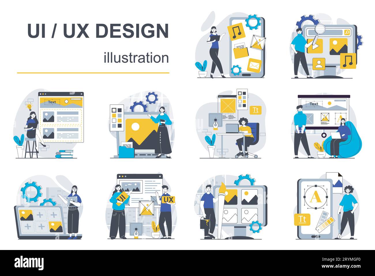 UI-UX-Designkonzept mit Megaset von Charaktersituationen. Bühnenbündel ...