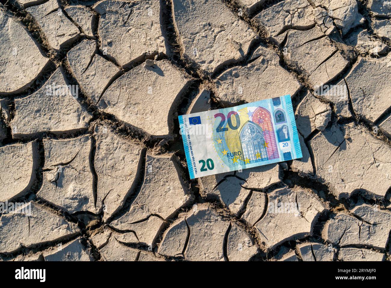 20-Euro-Banknote auf trockenem Boden Hintergrund, Draufsicht Stockfoto