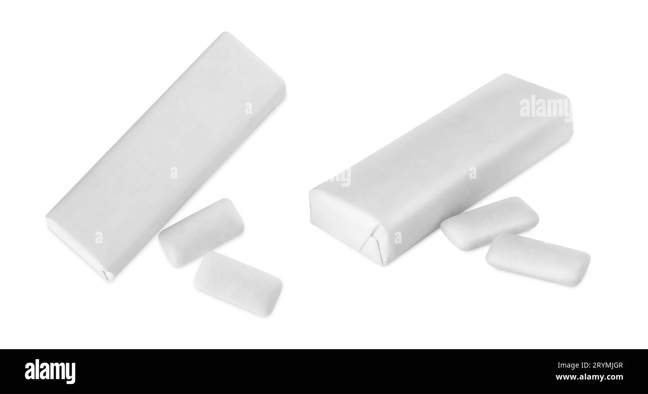 Packung mit Kaugummi isoliert auf weiß, Collage mit Seiten- und Draufsicht Stockfoto