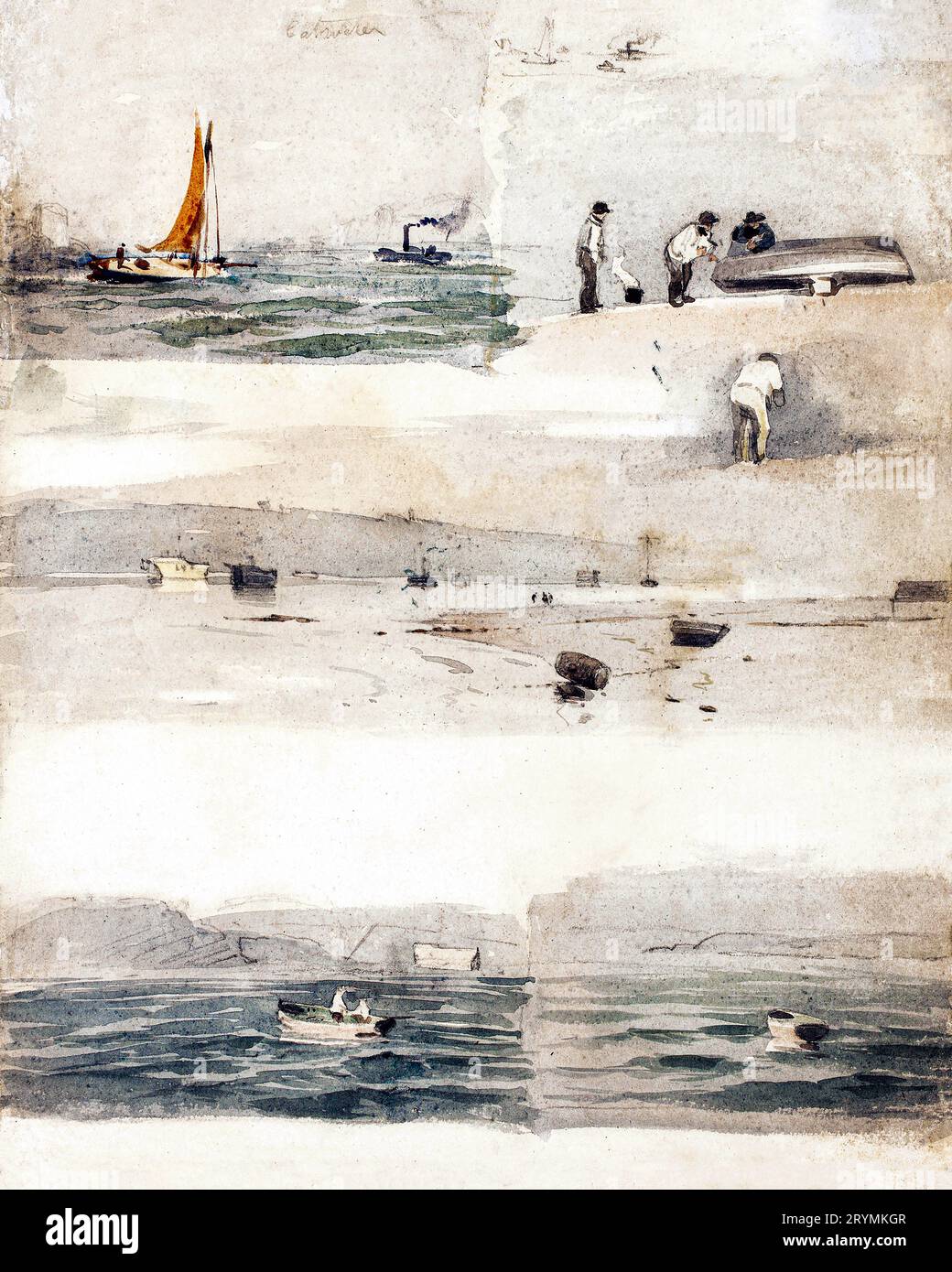 Skizzen von Marineszenen; zwei Skizzen: Neben Stormy Coast, bewölktes Meeresbild in hoher Auflösung von &eacute;Douard Mane Stockfoto