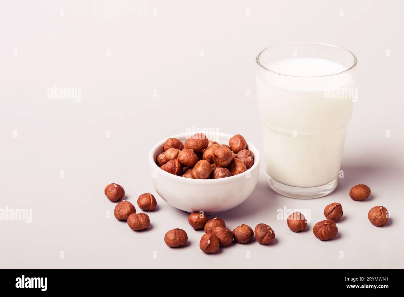 Haselnussmilch und Nüsse. Gesundheits- und Ernährungskonzept Stockfoto