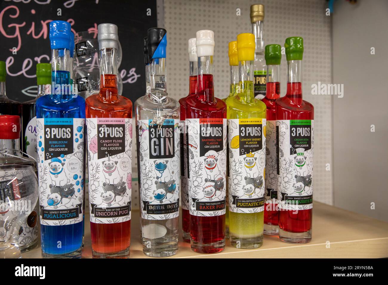 3 Mops gewürzte London Dry Gin zum Verkauf in einem Lancashire Farm Shop in Engla Stockfoto
