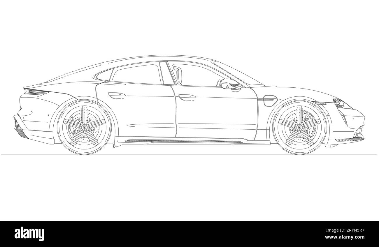 Stuttgart, Deutschland, Jahr 2019, neues Porsche Concept Elektroauto Modell Taycan Turbo S, umrissen, Silhouette, Illustration Stockfoto