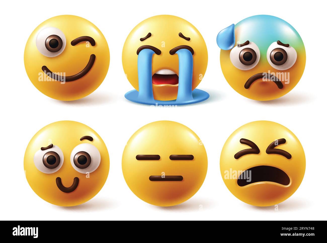 Emojis Zeichen Emoticon Set Vektor. Emoji Emoticon gelbe runde Figur in blinkendem, weinendem, krankem, einsamem und verletztem Gesichtsausdruck weiß Stock Vektor