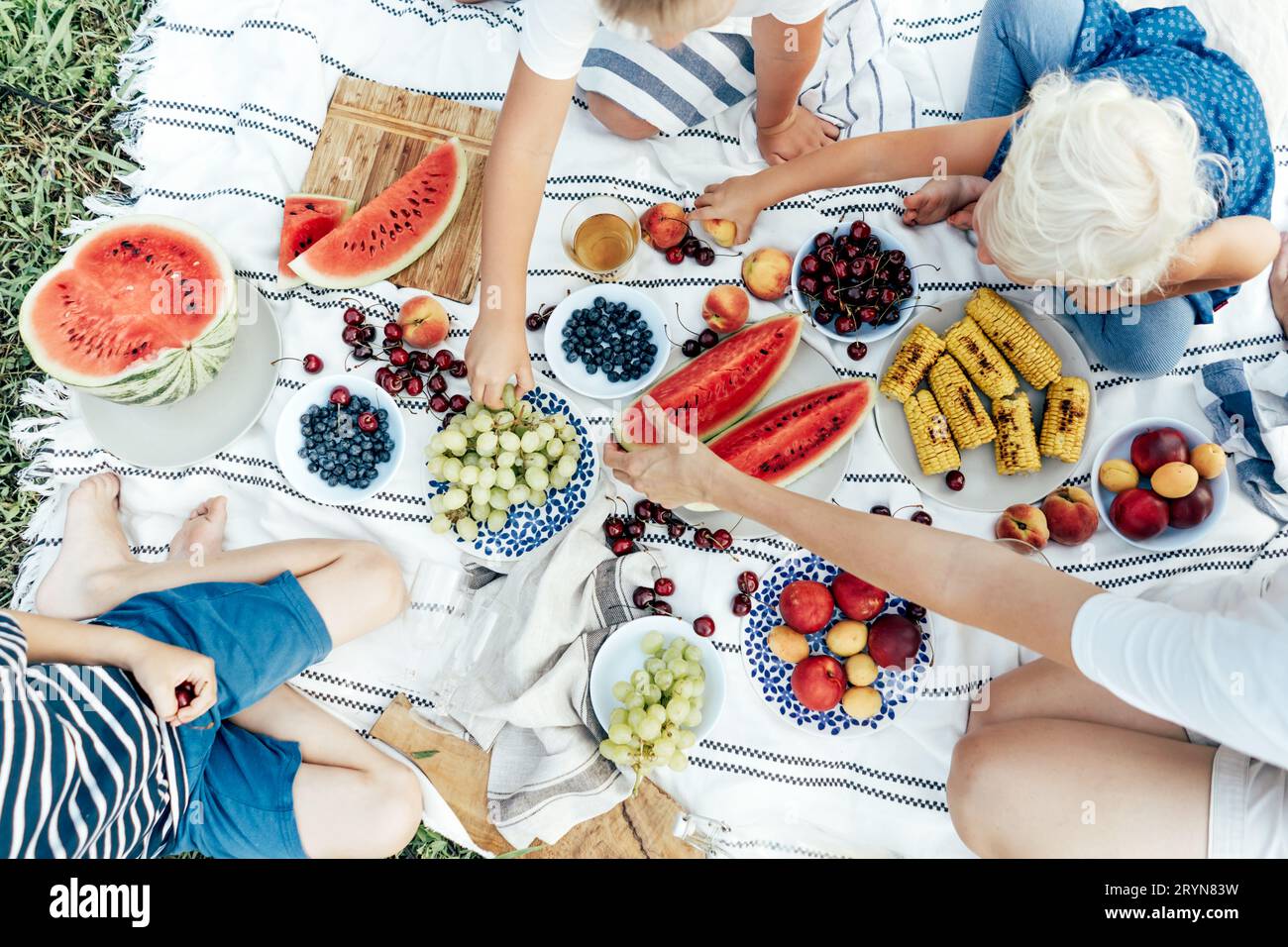 Blick von oben auf eine Picknick-Tischdecke gefüllt mit Tellern mit Beeren und Früchten Stockfoto