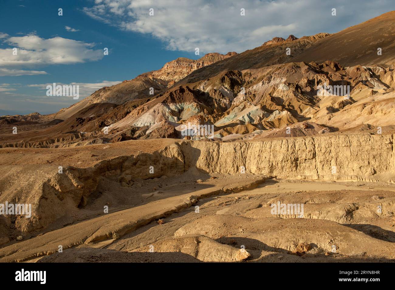 Die Artist’s Palette im Death Valley, wo verschiedene Mineralien dem getrockneten Schlamm verschiedene Farben verliehen haben. Stockfoto