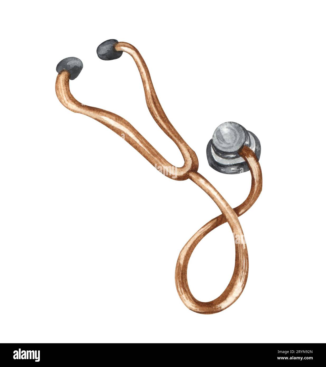 Aquarelldarstellung eines Stethoskops. Ein einzelnes Objekt, Draufsicht. Medizinische Clipart. Stockfoto