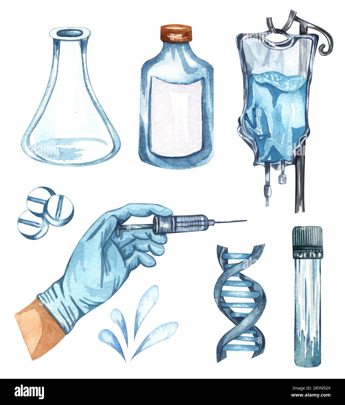 Medizinische Ausrüstung. Spritze, dna, Pillen, Tropfen, Salbe. Satz von Abbildungen in Aquarellfarben. Anästhesisten-Set Stockfoto