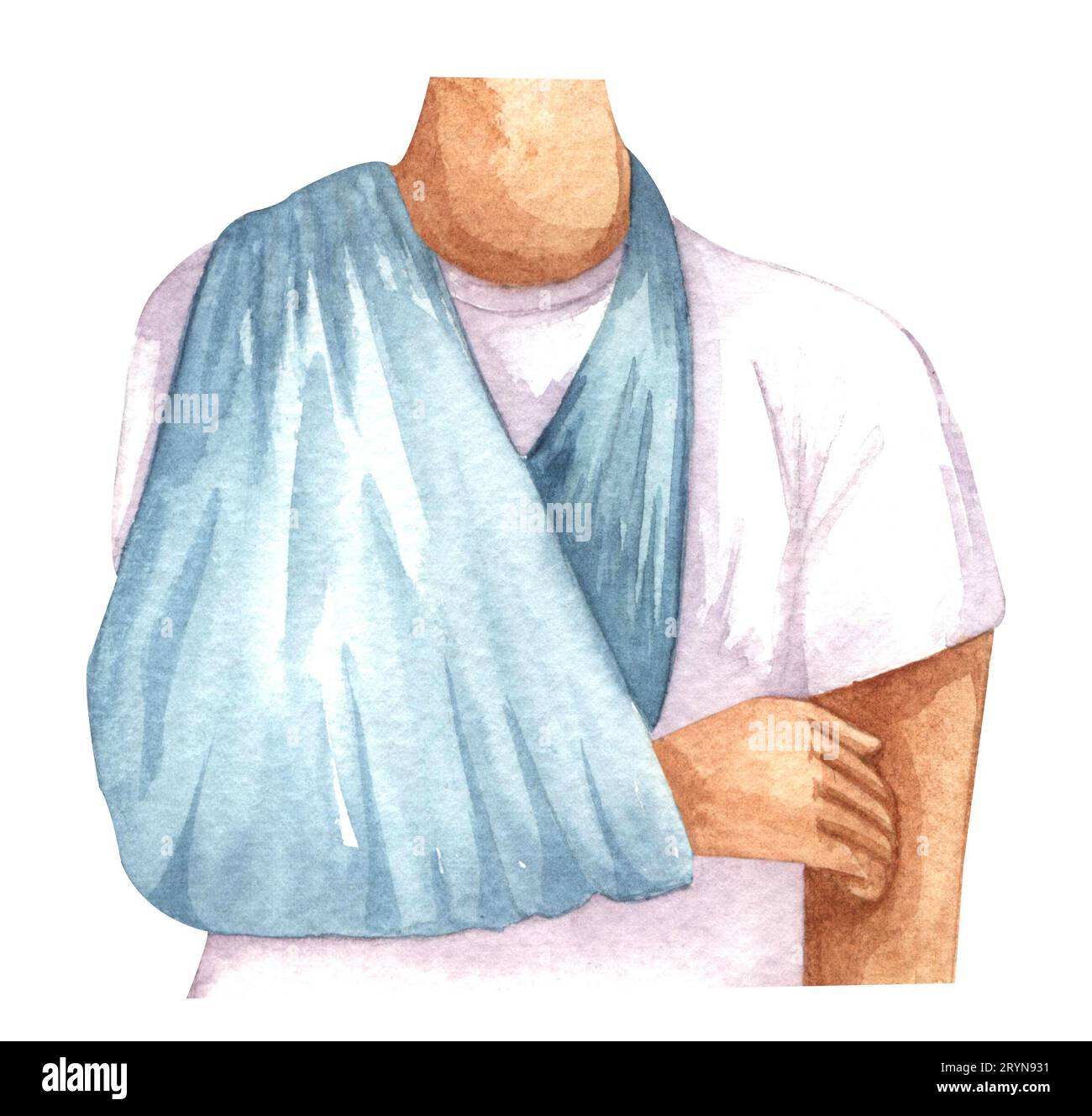 Aquarell Darstellung von Tannen helfen Person mit Schulterluxation, Bandarm. Physiotherapie-Clipart. Stockfoto