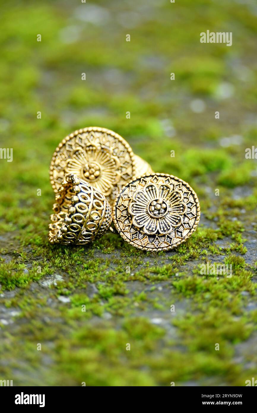 Schließen Sie das Paar goldene Ohrringe auf dem grünbraunen Gras mit weichem Fokus auf natürlichem grünbraunem Hintergrund an. Stockfoto