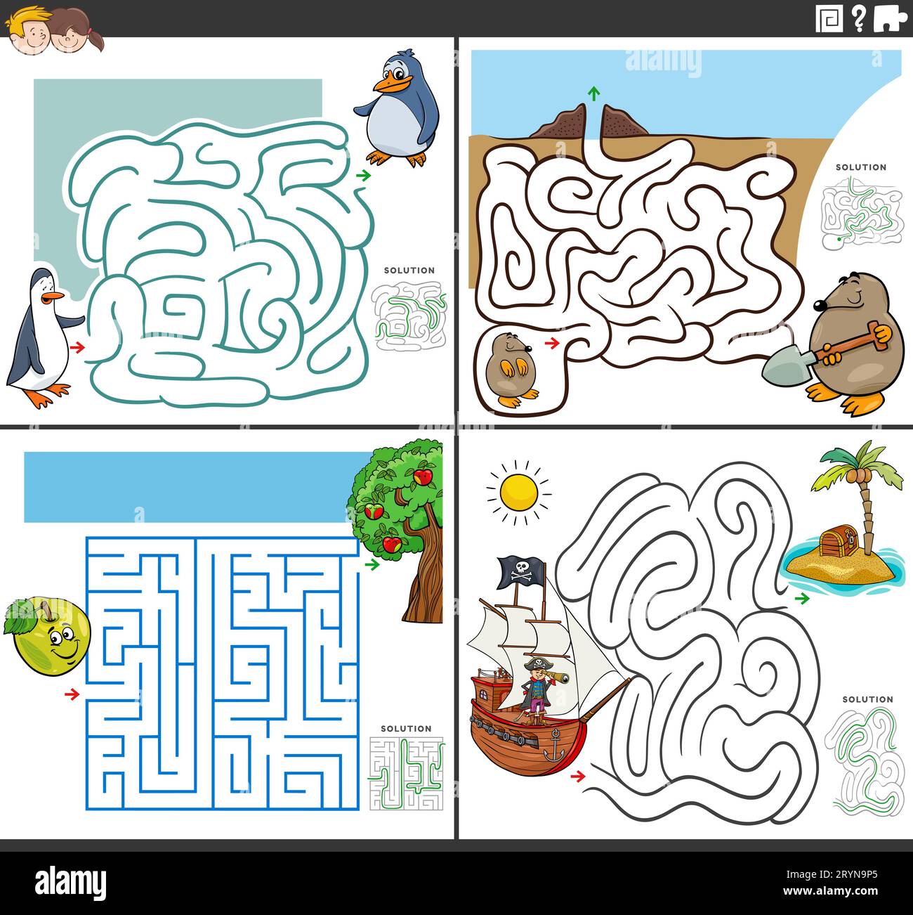 Cartoon-Darstellung von pädagogischen Rätselspielen aus dem Labyrinth mit Comicfiguren Stockfoto