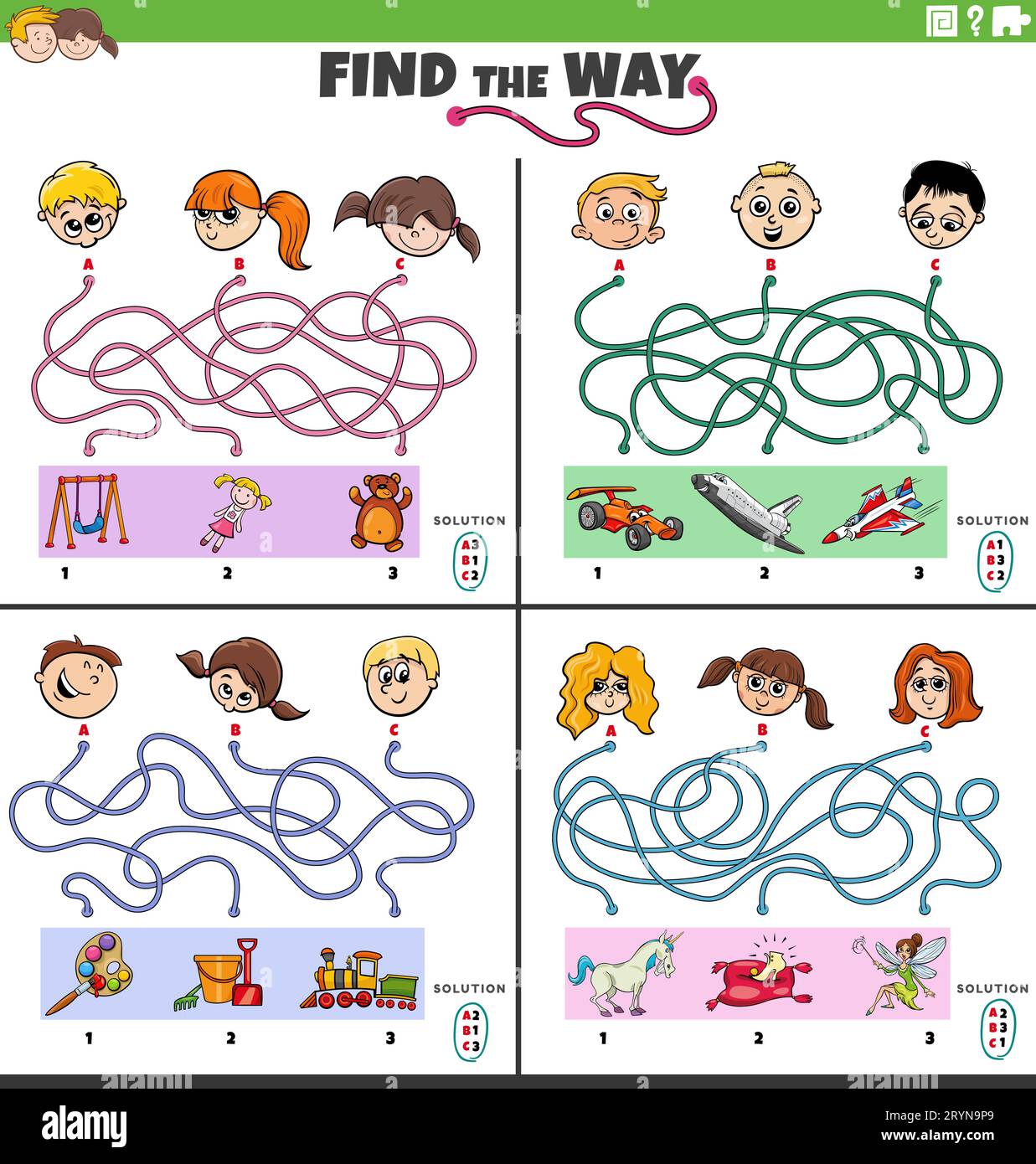 Zeichentrickfilm mit „Find the way“-Puzzle-Spielen mit lustigen Comic-Figuren für Kinder Stockfoto