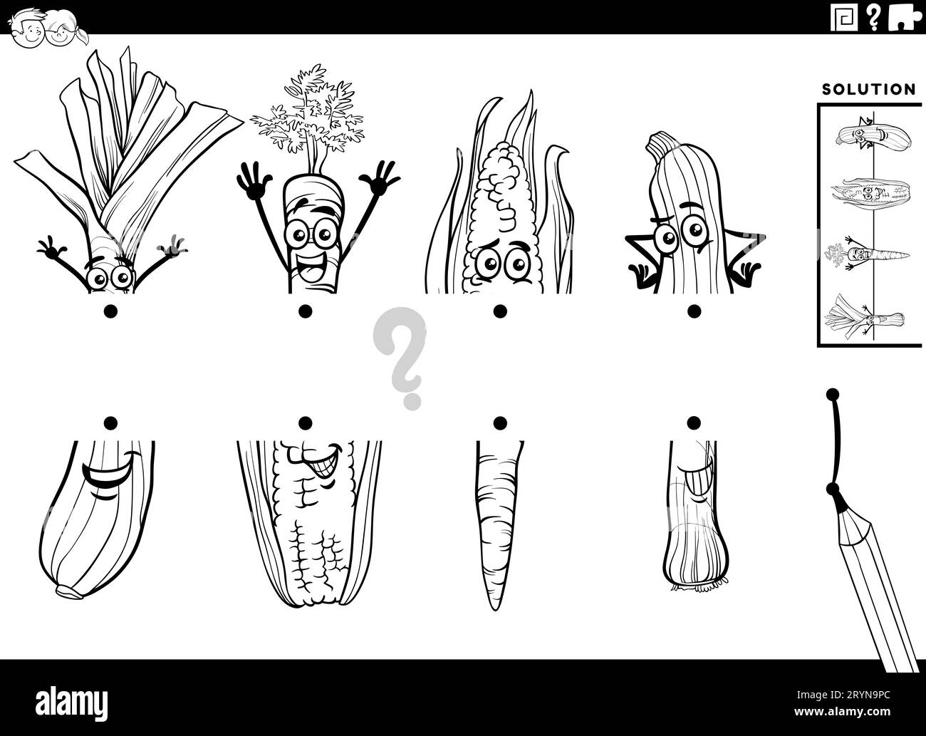 Schwarz-weißer Cartoon zur Darstellung der pädagogischen Aktivität, die Bildhälften mit Gemüsefiguren in Einklang bringt Stockfoto