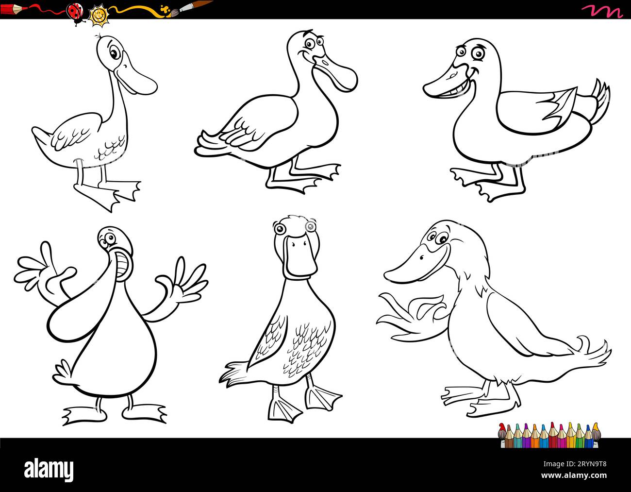 Schwarz-weiße Zeichentrickfigur mit Enten, Bauernhoftieren und Figuren, die eine Farbseite bilden Stockfoto