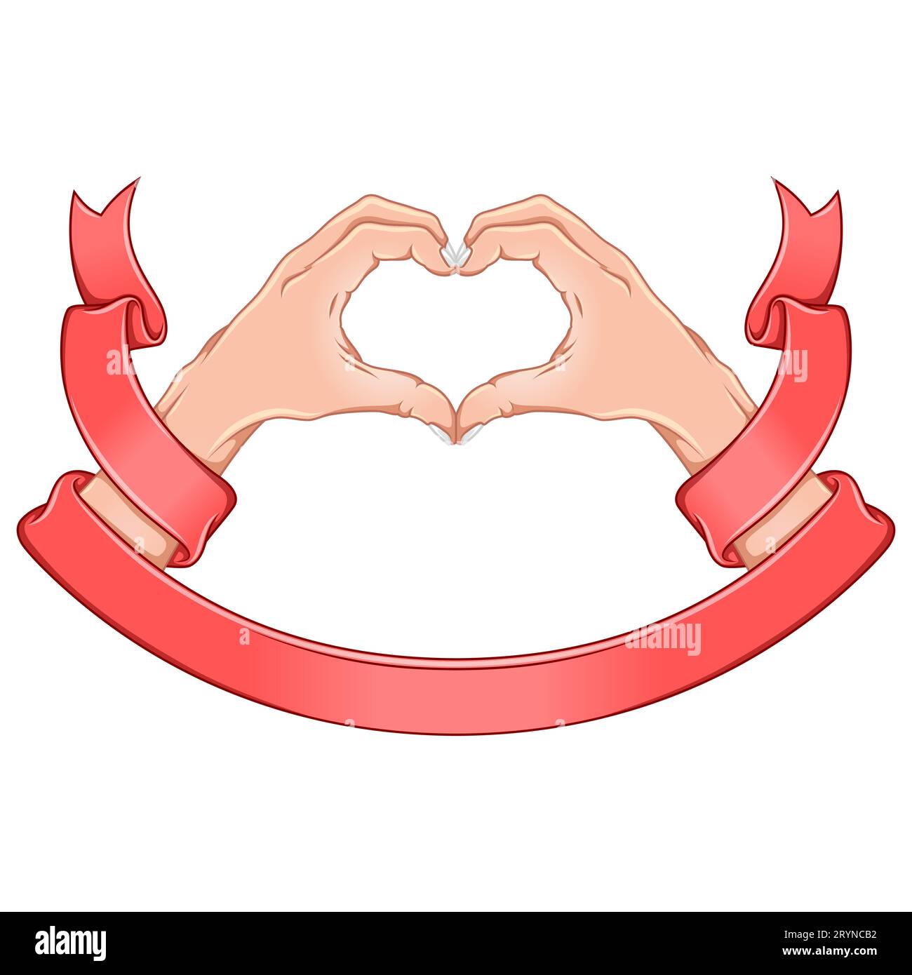 Vektorentwurf von Händen, die ein Herz bilden, als Symbol der Liebe, umgeben von Band Stock Vektor