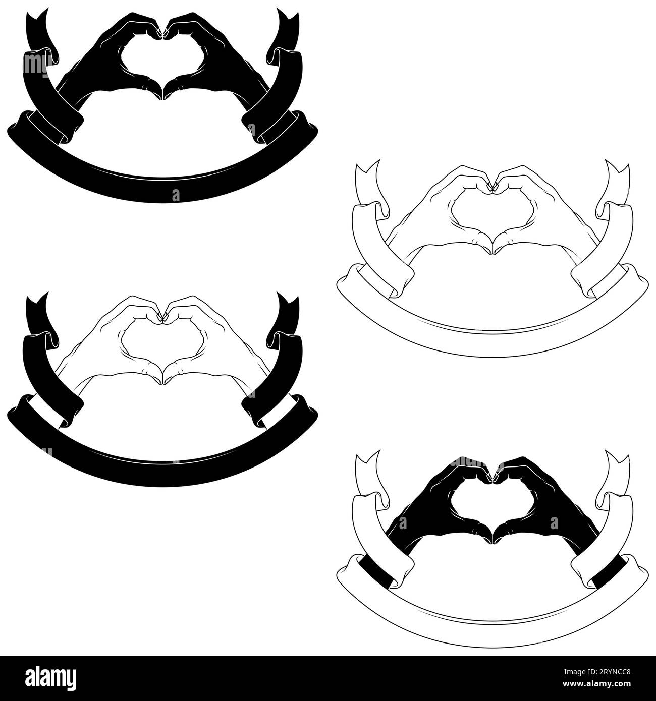 Vektorentwurf von Händen, die ein Herz bilden, als Symbol der Liebe, umgeben von Band Stock Vektor