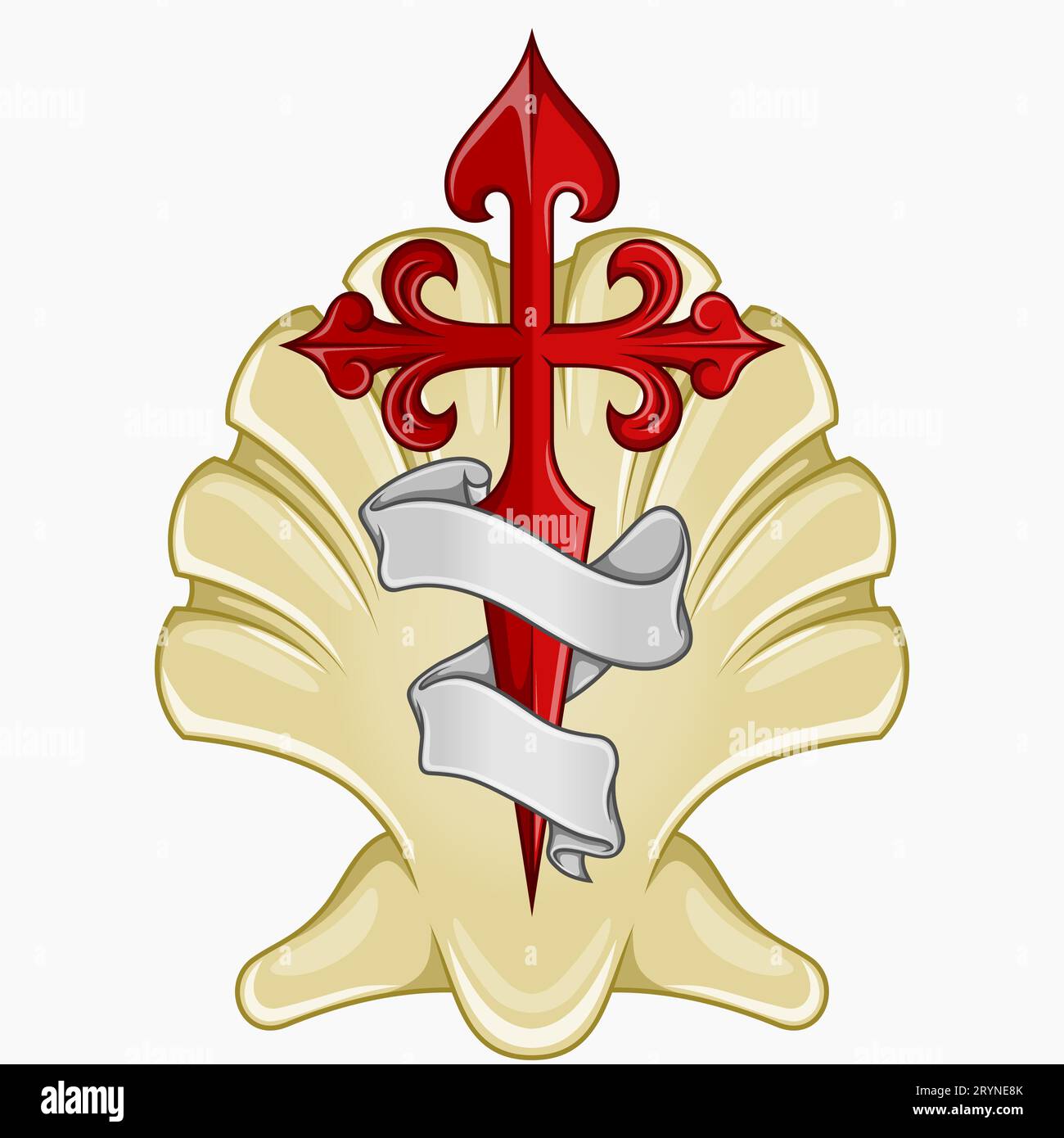 Vektorentwurf der christlichen Symbolik des Apostels santiago, Kreuz des Apostels Santiago mit Furnier und Band Stock Vektor