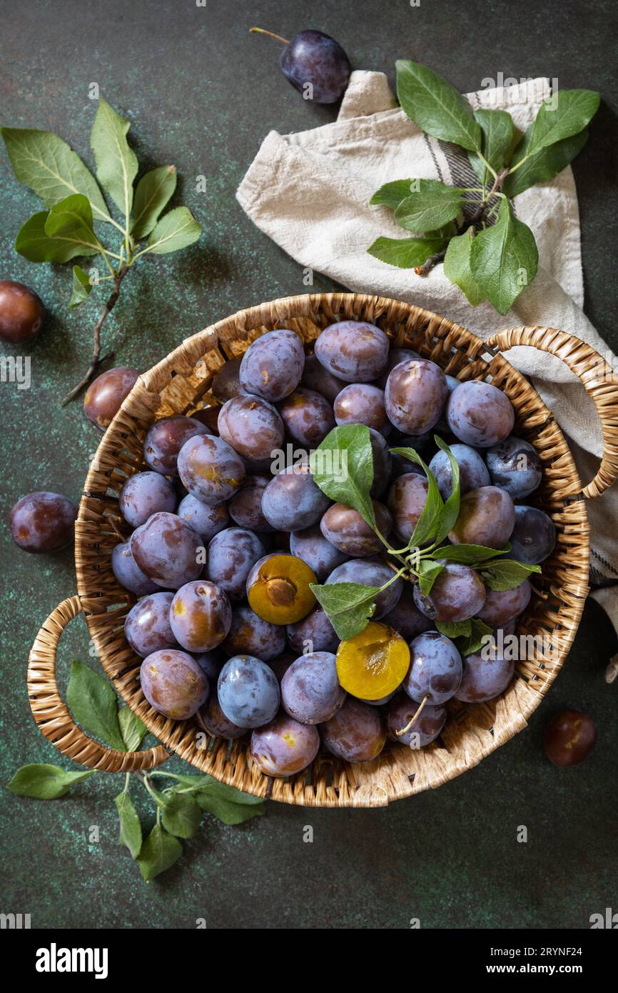 Obsthintergrund, Bio-Früchte. Stillleben Essen. Korb mit frischen blauen Pflaumen auf einem Steintisch. Blick von oben. Stockfoto