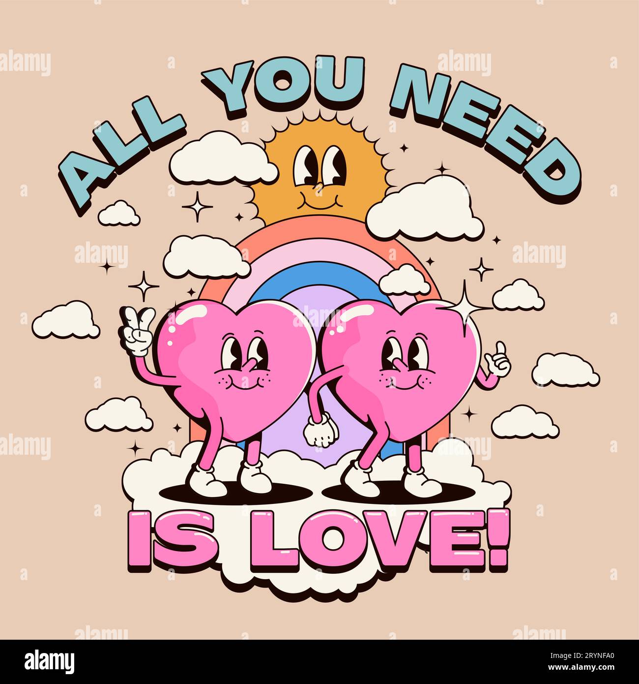 Alles, was du brauchst, ist eine Poster- oder T-Shirt-Druckvorlage mit niedlichen Cartoon-Herzfiguren, die Hände mit Regenbogen auf Hintergrund isoliert auf l halten Stock Vektor