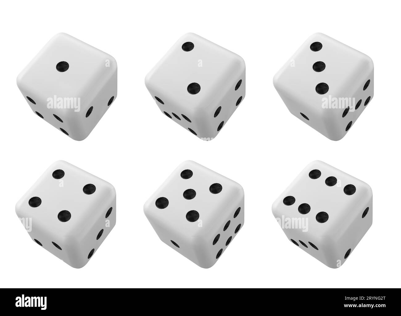 Würfelspiel 3d - realistischer Vektor-weißer Würfel mit unterschiedlicher Anzahl von Punkten von 1 bis 6 für Casino-Spiel oder Glücksspiel-Konzept. Sechsseitige Punktstirbt. Poker und Backgammon fallen scheiße, um Glück zu versuchen. Stock Vektor