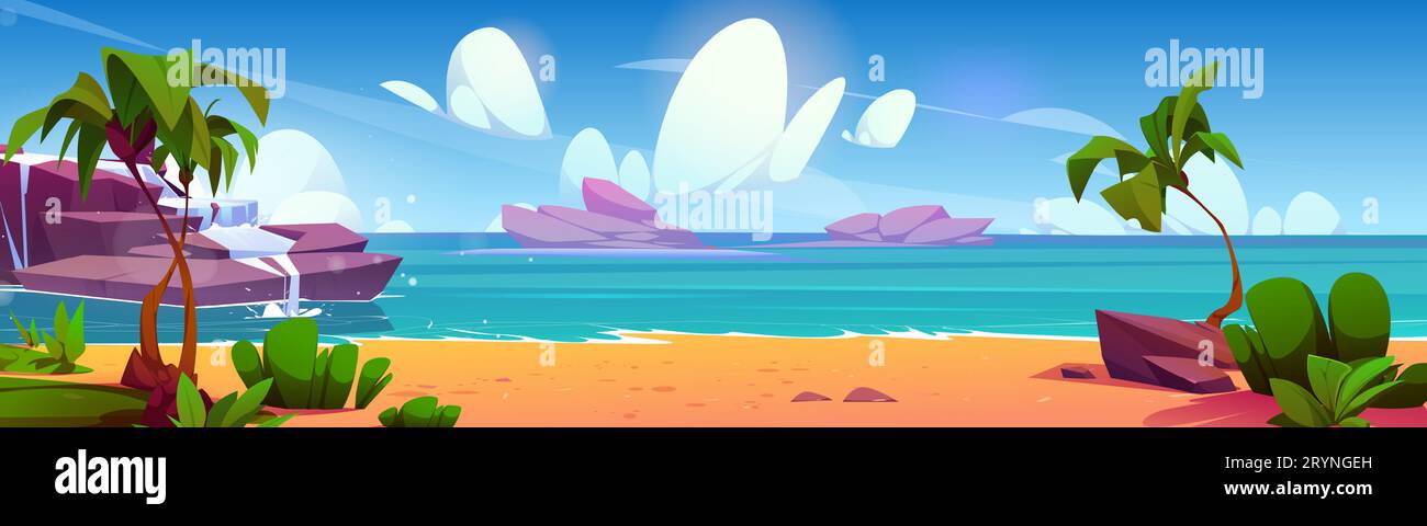 Tropische Meereslandschaft mit Sandstrand und Palmen. Vektor-Karikaturillustration des schönen Meeresblicks, Wasserfall auf felsiger Steininsel, exotische grüne Pflanzen, Wellen, die sonnige Küste waschen, Sommerresort Stock Vektor