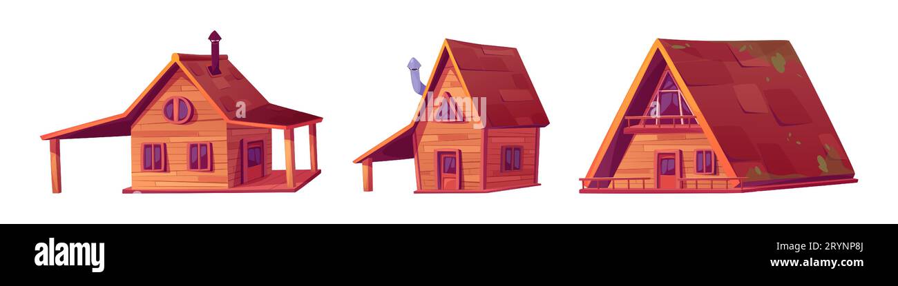 Holzkabine Clipart, Sommer Waldhaus Vektor-Set. Holzhütten-Symbol isoliert auf weißem Hintergrund. Holzhaus auf Pfählen mit Tür, Lodge, Fenster und Dach Illustration Kit. Stock Vektor
