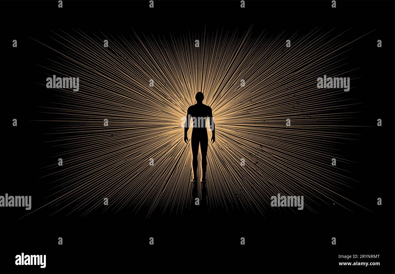 Mensch oder Individualität oder Persönlichkeitspsychologisches Konzept mit abstrakter menschlicher Körpersilhouette umgeben von goldenen Strahlen auf schwarzem Hintergrund. Vektor Stock Vektor