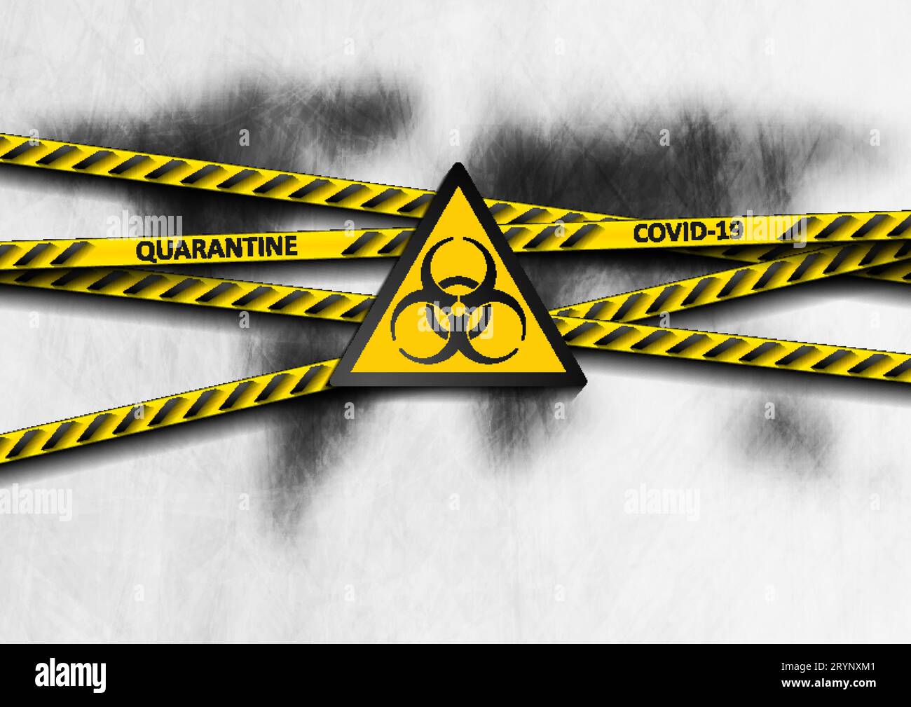 Schwarze Grunge-Welt und orangefarbene Gefahrenbänder. Coronavirus COVID-19 abstrakter Hintergrund der Quarantäne Stock Vektor