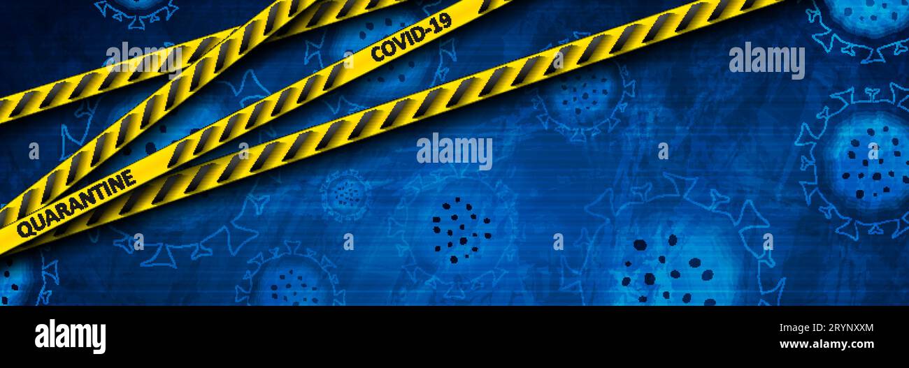 Abstrakter blauer Grunge-Hintergrund mit COVID-19-Coronavirus-Bakterienzellen und Gefahrenbändern. Quarantänevektor-Banner-Design Stock Vektor