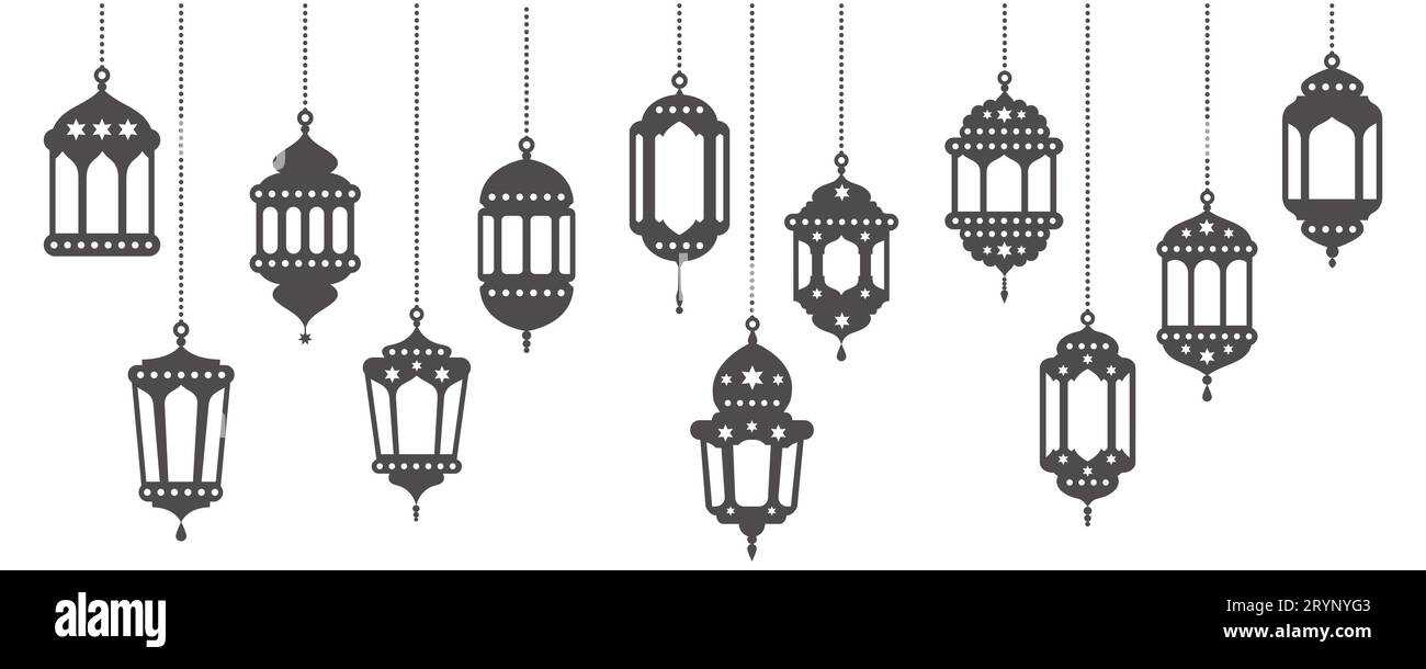 Ramadan-Laternen-Vektorset. Islamische Lampen mit Sternen. Muslimische Ornamente auf weißem Hintergrund. Traditionelle Silhouette für den Urlaub Stock Vektor