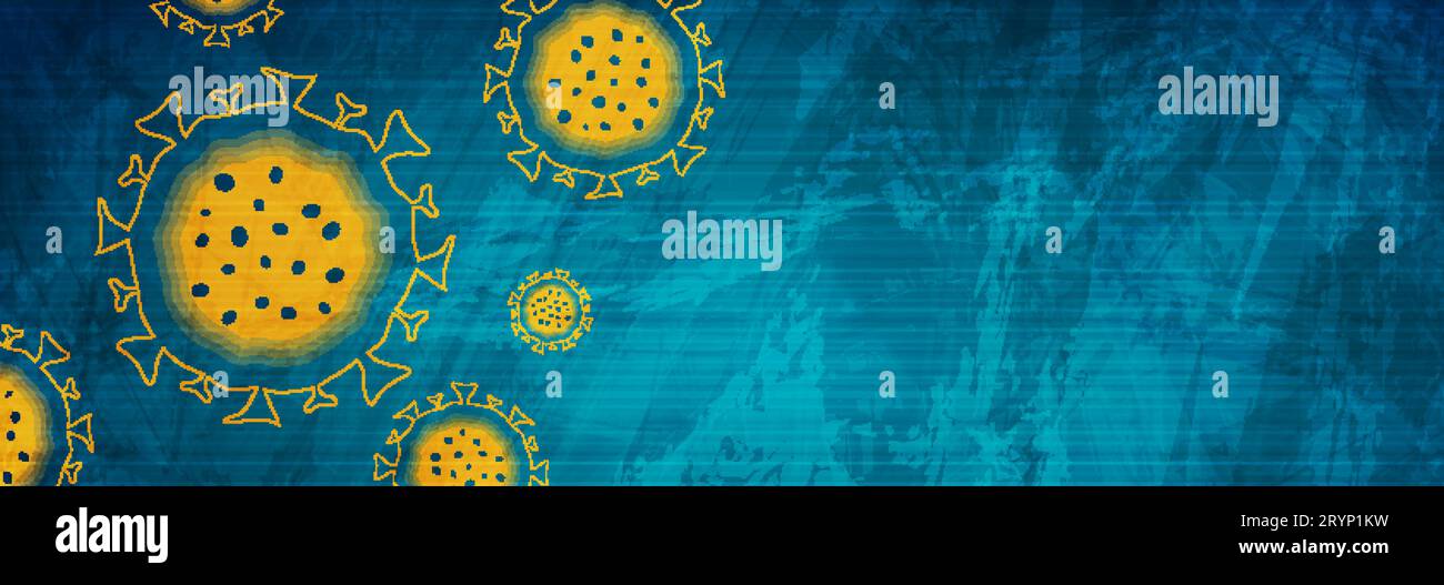 Abstrakter blauer Grunge-Hintergrund mit COVID-19-Coronavirus-Bakterienzellen. Vektorbanner-Design Stock Vektor