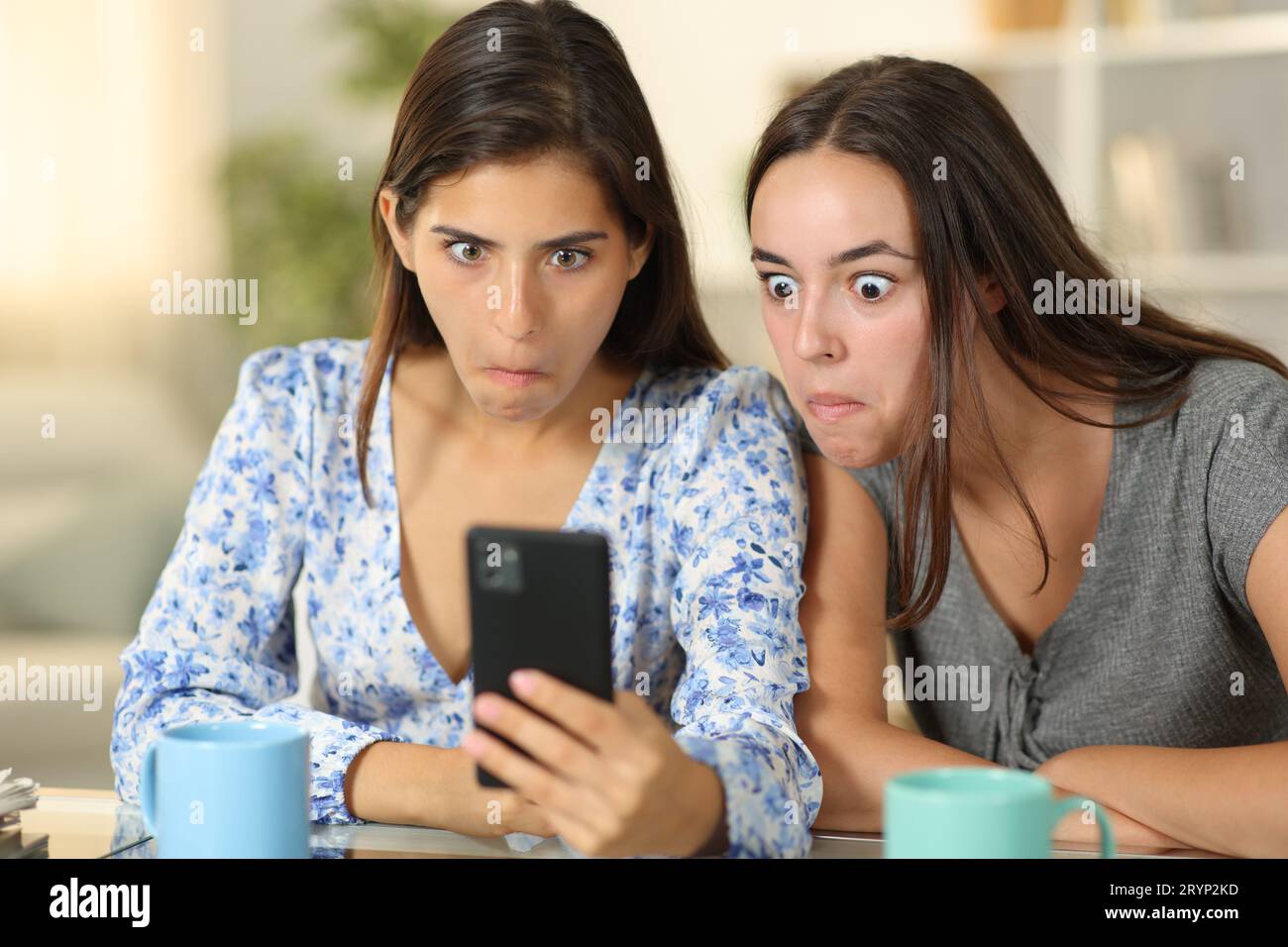 Verblüffte Frauen, die sich zu Hause mit ihren Handyinhalten beschäftigen Stockfoto