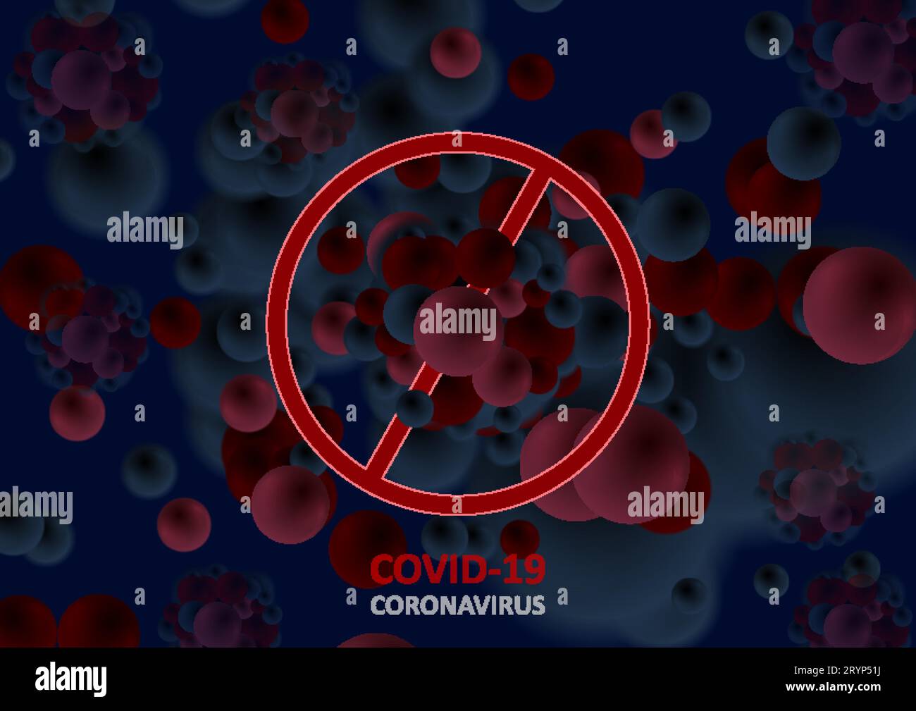 Dunkelblau-roter abstrakter Hintergrund mit COVID-19-Bakterienzellen und rotem Stoppzeichen. Vektordesign Stock Vektor