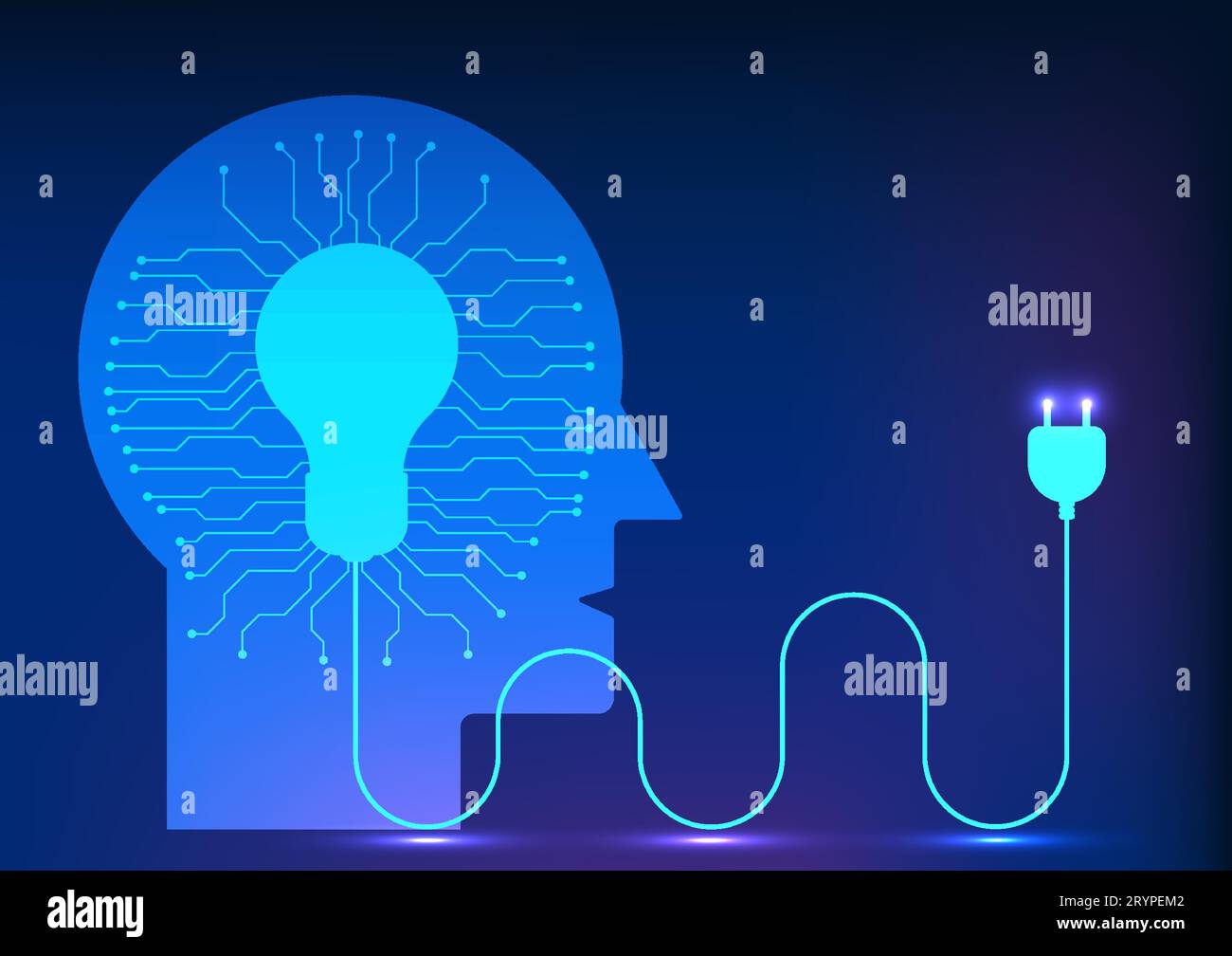 Technologie Hintergrund Eine Glühbirne befindet sich im menschlichen Kopf mit einem mit dem Gehirn verbundenen Stromkreis. Bezieht sich auf die Entdeckung von neuem Wissen durch das Mitbringen von Te Stock Vektor