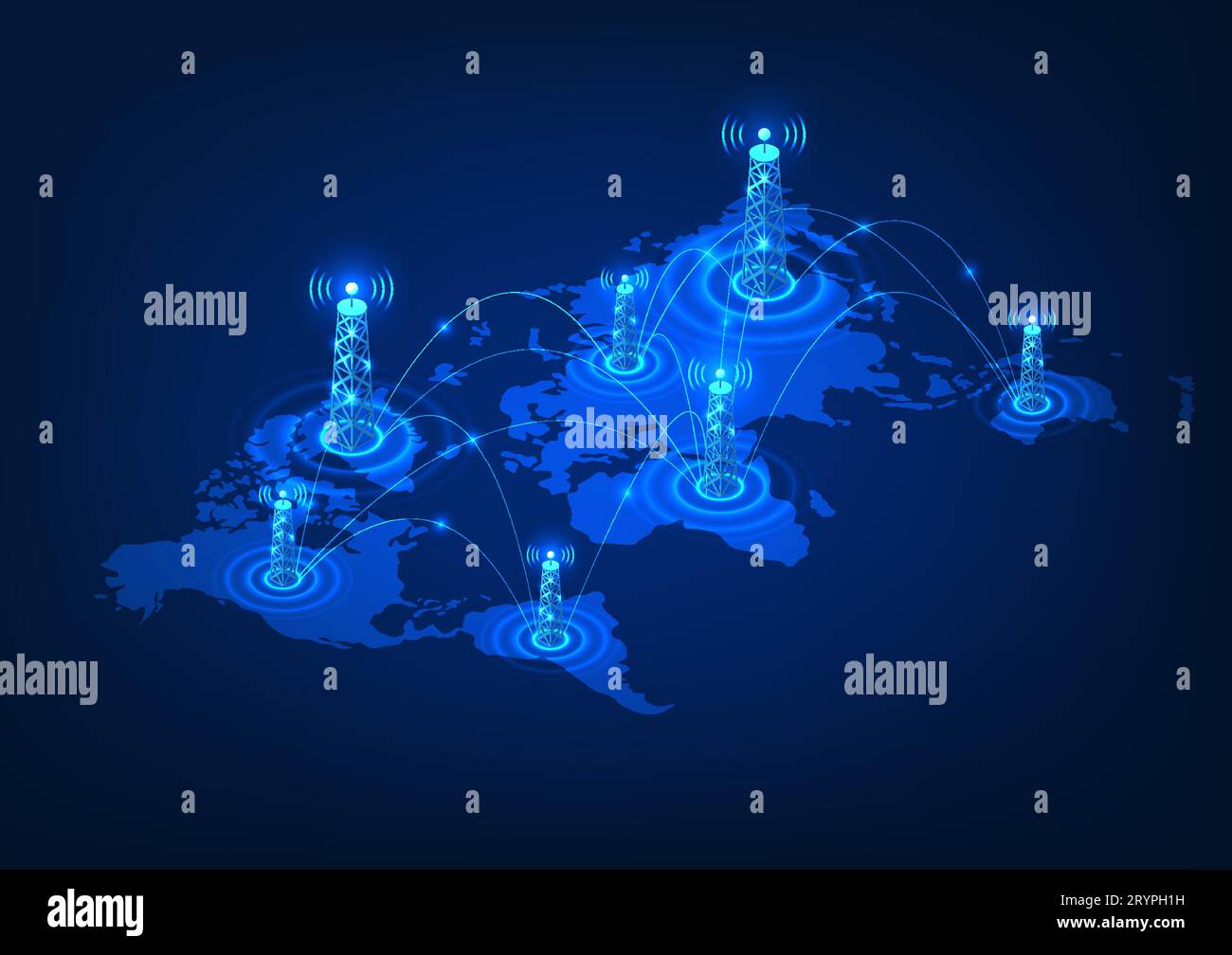 Funktürme mit Funkturmtechnologie auf einer Weltkarte mit Verbindungsleitungen. Bezieht sich auf die Technologie der Übertragung von Signalen, die in die Welt gehen Stock Vektor