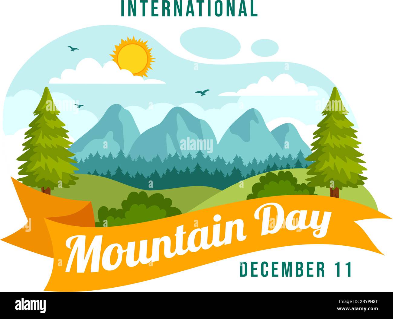 International Mountain Day Vector Illustration am 11. Dezember mit Bergpanorama, Green Valley und Bäumen in Flat Cartoon Hintergrund Design Stock Vektor