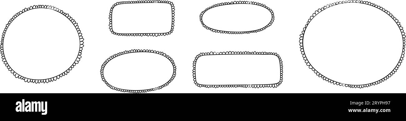 Handgezeichnete Rundumkanten-Rahmenkreise und Rechtecke. Etiketten, Bänder oder Papierhandwerke. Flache Vektorillustration isoliert auf weißem Hintergrund. Stock Vektor