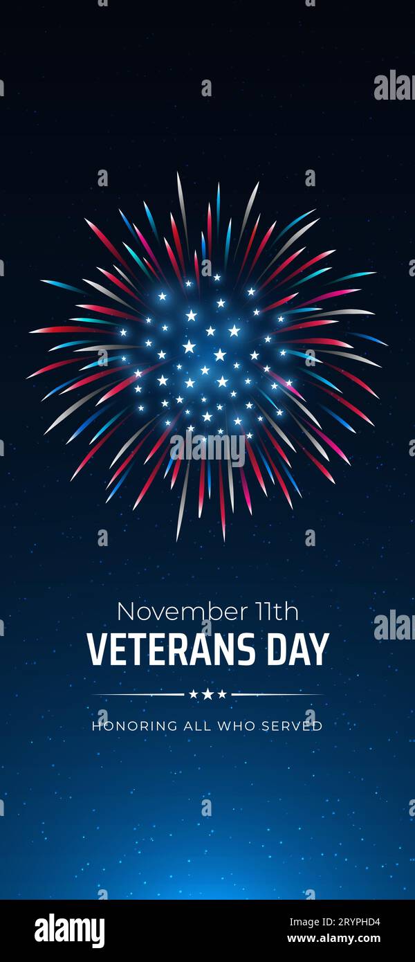 Veteranen Tag 11. november, Vorlage amerikanisches Feuerwerk blauer Himmel Hintergrund. Feuerwerk US-Flagge. November Happy Veterans Day, USA National Holiday Stock Vektor