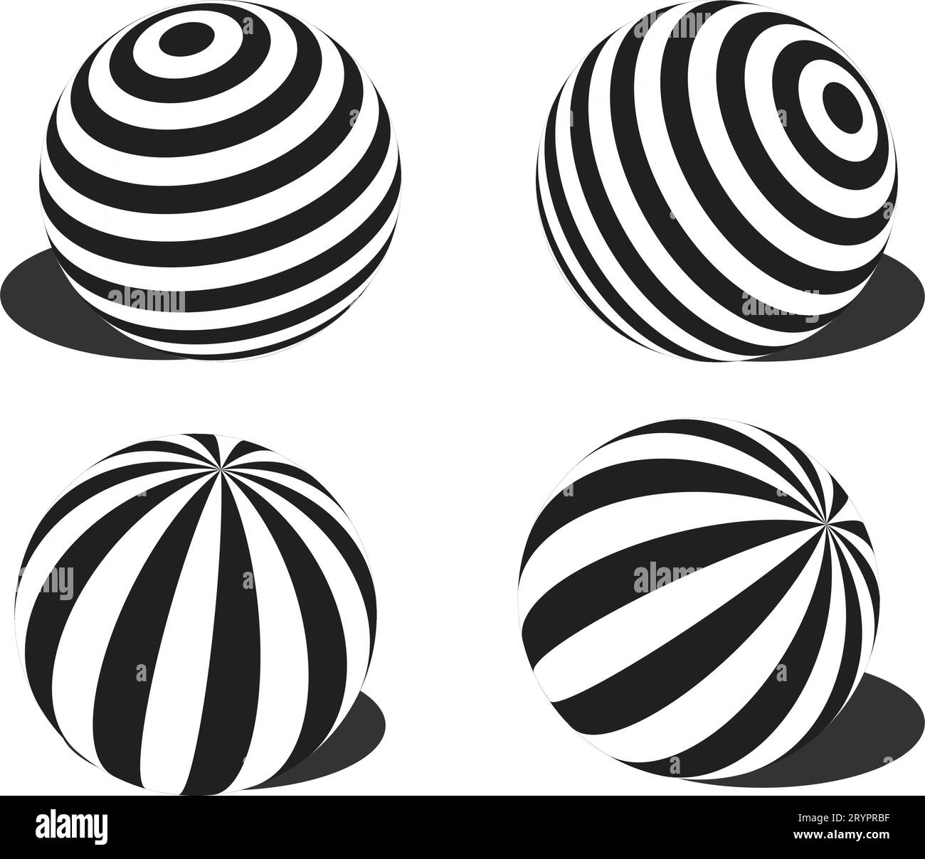 Streifenkugeln. 3D-Kugel. Set aus Kugeln und Kugeln auf weißem Hintergrund mit Schatten. Vektorabbildung. Kugel oder Kugel, Formen Stock Vektor