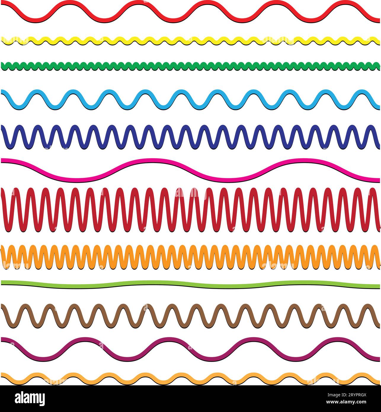 zick-Zack-Farblinien. Vektor-Zickzack-Linien und Wellen, Squiggle wellige Linien Rahmen mit Wackeln. Parallele Rahmen. Design der nahtlosen Wassergrafik. Stock Vektor