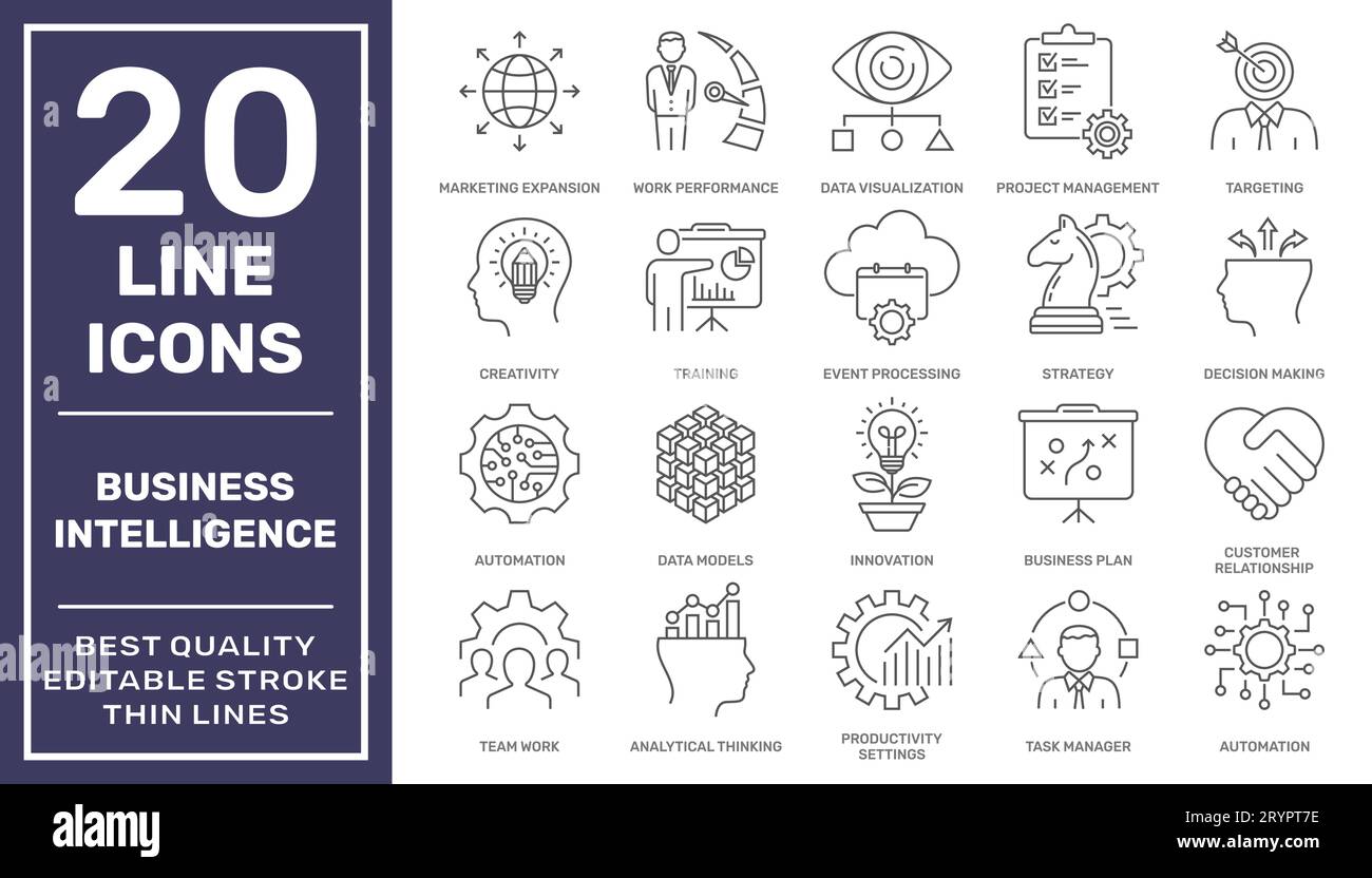 Symbole für Business Intelligence, Business Analytics und Key Performance Indicators werden festgelegt. Bearbeitbare Kontur. EPS 10 Stock Vektor