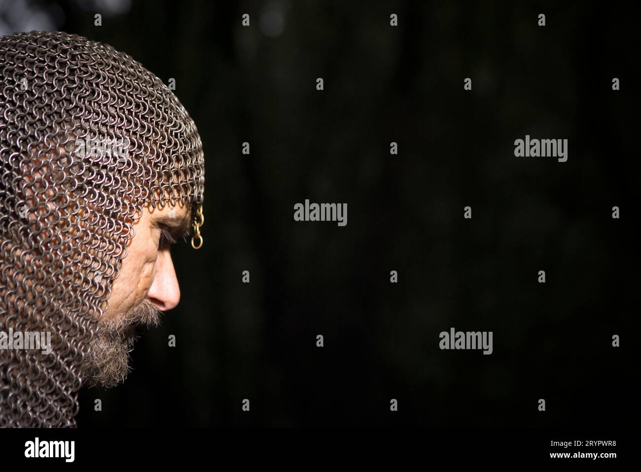 Porträt eines Mannes, der als mittelalterlicher Krieger gekleidet ist. Stockfoto